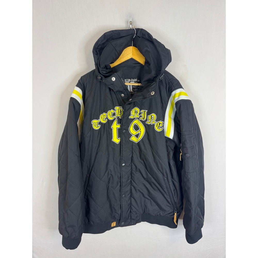 Vintage Technine T9 Quilted Snowboard Jacket Black Yellow Hooded Mens Large Y2K